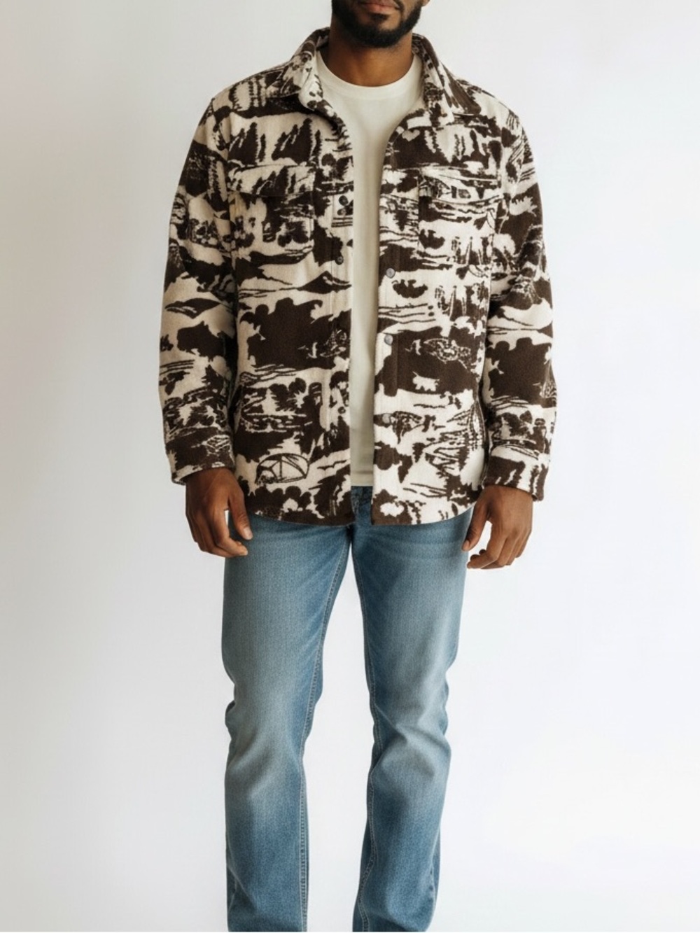 Columbia Titanium Men's Brown & Cream Mountain Patterned Shacket Jacket fleece